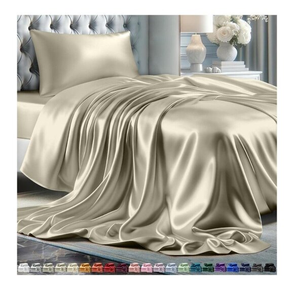 Luxury Satin Bed Sheet Set With 15" Extra Deep Pocket For Flawless‎ Fit - Picture 1 of 7